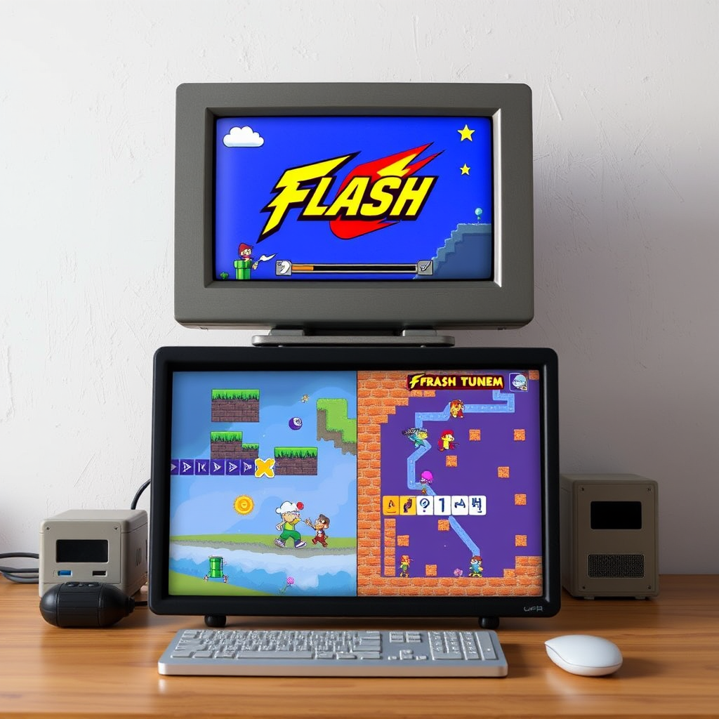 Brauzer o'yinlarining evolyutsiyasi: eski kompyuter ekranida Flash o'yinidan zamonaviy HTML5 o'yinigacha o'tish jarayoni, rangli grafika va interaktiv elementlar bilan